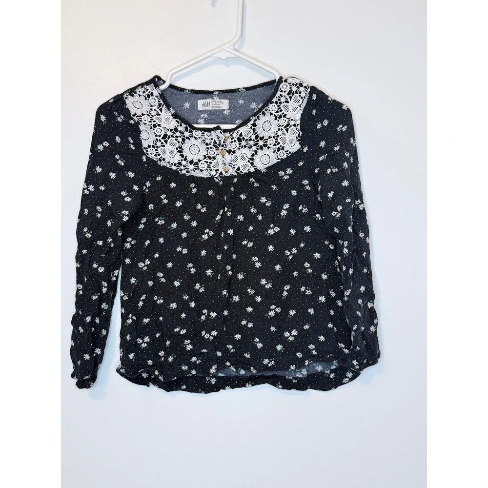 HM Kids‎ Floral Lace Long Sleeve Blouse Black White Daisy Girls Size 10